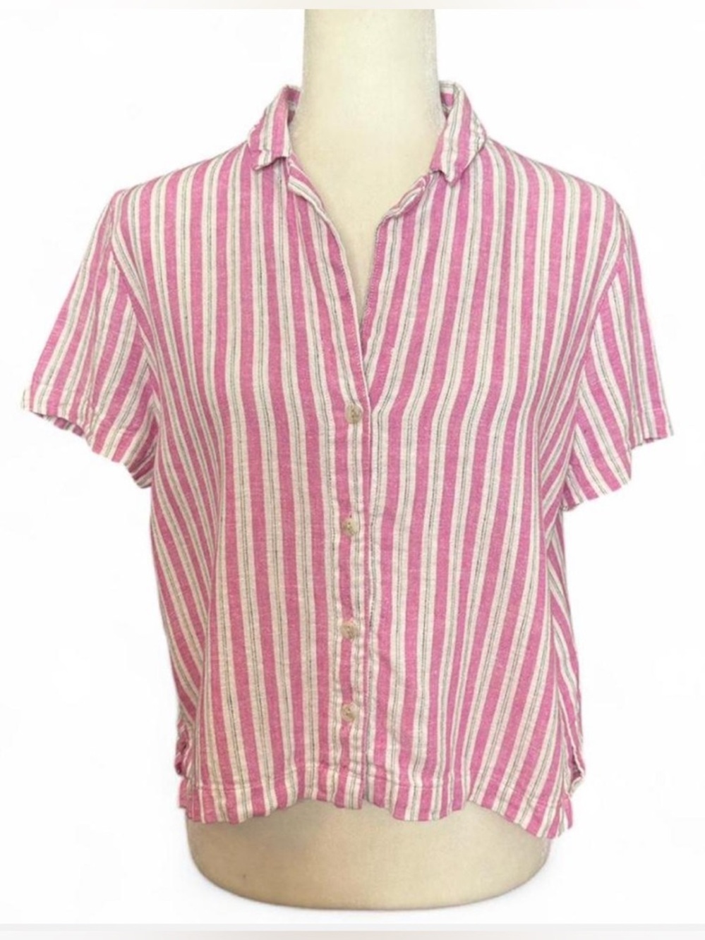 💜 Universal Threads Pink/White Stripe Linen Short Sleeve Button Down Top (S)